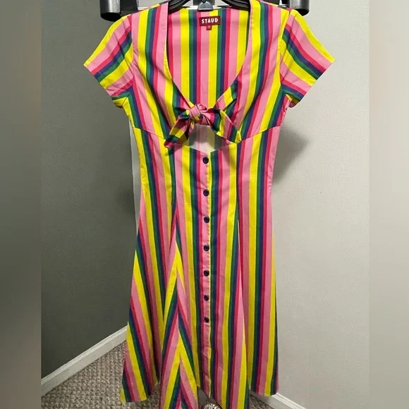 STAUD ALICE TIE-FRONT STRIPED DRESS IN MULTI COLOR SIZE 0 NWOT - Picture 1 of 4